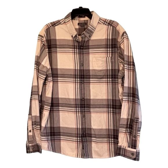 Eddie Bauer Heavyweight Flannel Button Down Shirt Gray Tan Red Tartan Plaid - Picture 1 of 8